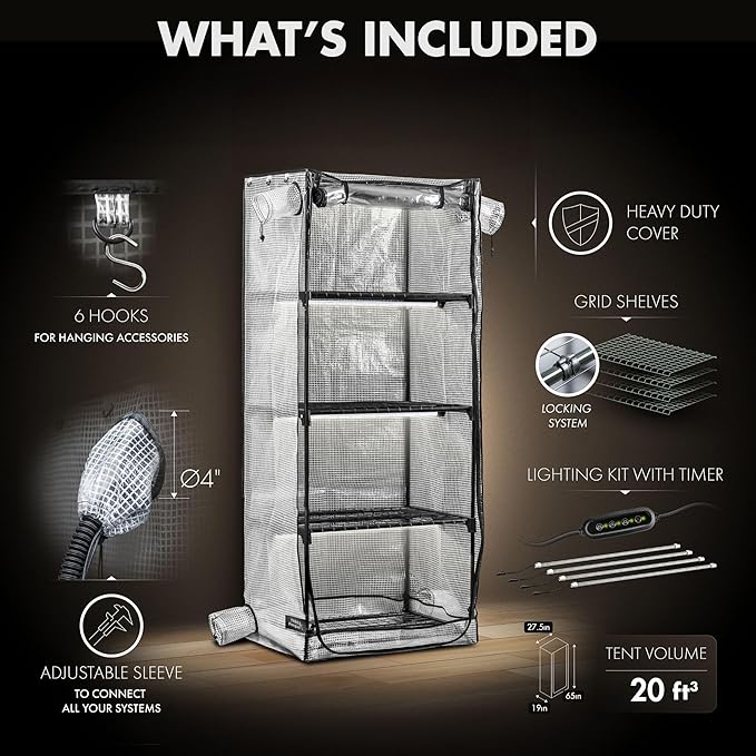 Mushroom Grow Tent with light and timer 6500k LED Grow Light, 4" vents compatible with accessories, Indoor Greenhouse with Grow Light, Martha tent for Mushroom, Indoor Green House, fits monotub & more
