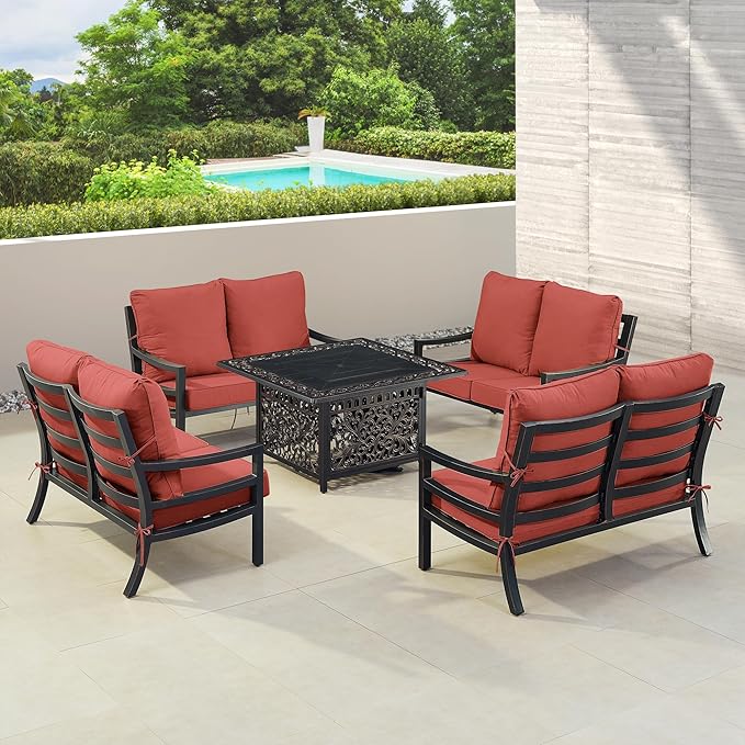 Oakland Living Black Aluminum Patio Fire Table Set with Four Deep Seating Loveseat with Cushions with Red Cushions