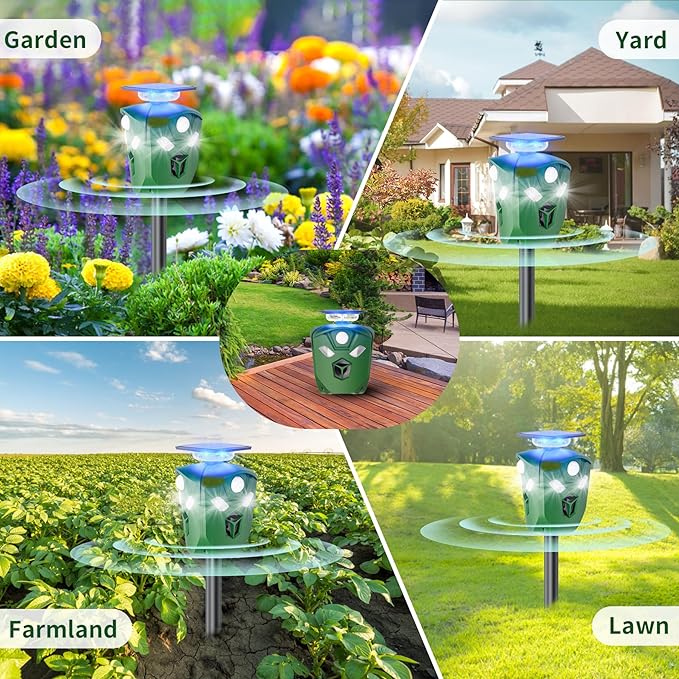 Solar Ultrasonic Animal Repeller Outdoor, 360° All Round Cat Deterrent Outdoor with 6 Flashing Lights and 3 PIR Sensors, Deer Repellent for Repelling Sankes, Raccoons, Cats, Dogs