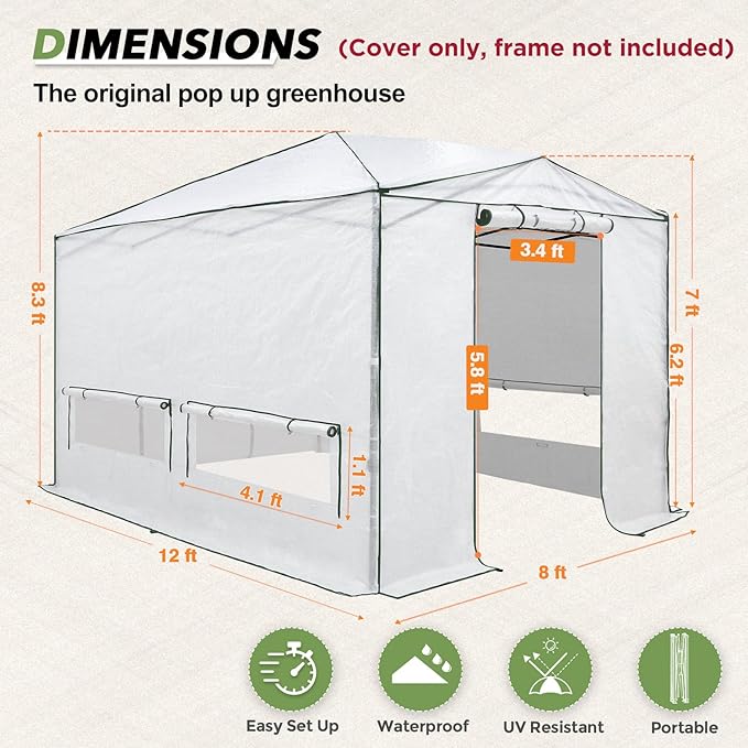 EAGLE PEAK Woven Replacement Cover for 12x8 Portable Walk-in Pop up Greenhouse, Front and Rear Roll-Up Zipper Entry Doors and 4 Roll-Up Side Windows (Frame Not Included), White