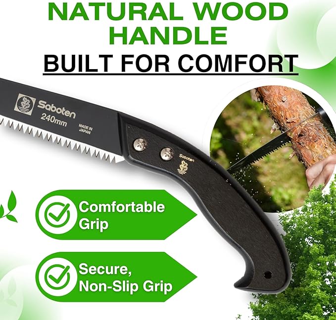 Saboten Japan 9.4" Japanese Pruning Saw – Fluorine-Coated High-Carbon Steel Blade, Traditional Wooden Handle, Precision Pull Cut Tool for Branches – forest Originals, Made in Japan