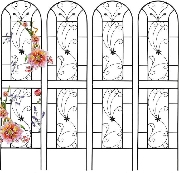 Garden Trellises, 4 Pack Black Metal Coated Rustproof Trellis for Climbing Plants Outdoor, Roses, Vines, Flowers, and Vegetables-86.7" x 19.7"
