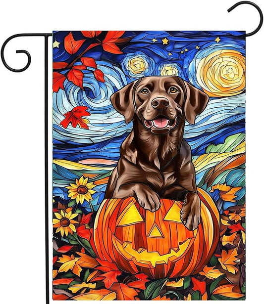 Stained Glass Chocolate Lab Fall Garden Flag Halloween Pumpkin Yard Signs Autumn Sunflower Thanksgiving Banner for Outside 12x18 Double Sided Small Labrador Dog Outdoor Decorative