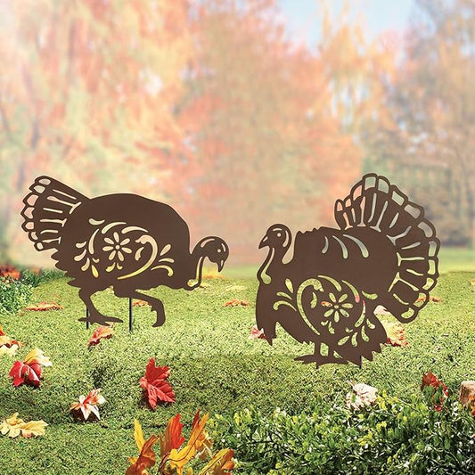 Metal Turkey Garden Stakes Set of 2 Outdoor Thanksgiving Yard Decor Rusty Turkey Garden Statues Waterproof Steady (Turkey Rusty)