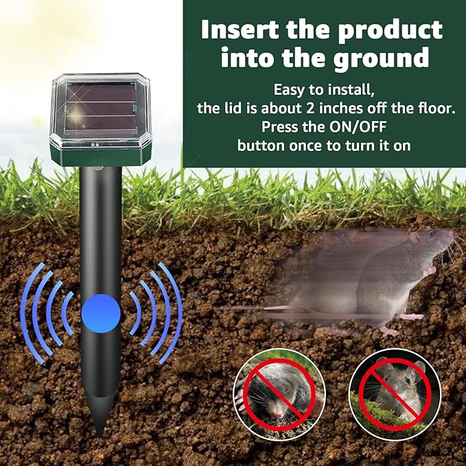 2025 New Upgraded Version Mole Repellent Solar Powered, Waterproof & Aesthetic Design, Ultrasonic Pest Deterrent for Moles, Voles, Gophers, Chipmunks, Groundhogs, and Snakes -4Pack