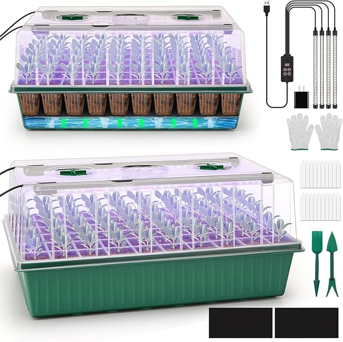 BlumWay Self-Watering Seed Starter Tray Kit with Grow Light and Humidity Dome, 3 Color Growing Light,120-Cell Plant Seedling Tray,Reusable Germination Trays,Adjustable/Timed Light Plant Starter Set