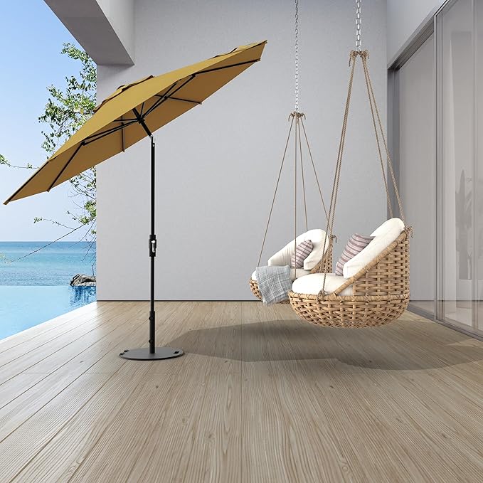 Midtown Umbrellas The Swilt 9 Feet Patio Umbrella in Terylast Sand (Tan) Polyester Fabric - Fiberglass Ribs, Auto-Tilt Aluminum Frame For Backyard, Deck, Garden, Pool - White Pole