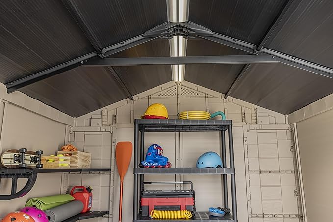 Keter Factor 8x8 Foot Large Resin Outdoor Shed with Floor for Patio Furniture, Lawn Mower, and Bike Storage, Taupe & Brown