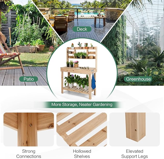 HAPPYGRILL Potting Bench Table, 60.5” Wood Garden Work Bench Workstation with Storage, Flip-Up Tabletop, Shelves & Hanging Hooks, Outdoor Garden Table for Patio, Lawn & Porch