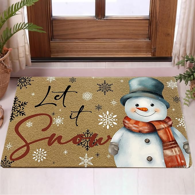 Let It Snow Christmas Faux Coir Door Mats Outdoor, Christmas Holiday Door Mat for Home Outside Entryway, Xmas Snowman Snowflake Welcome Doormat for Indoor Outdoor Porch Entrance, 17x30 Inch