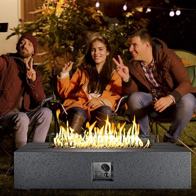 COSIEST 56 x 28 inch Outdoor Propane Fire Pit Coffee Table w Concrete Rectangle Base, CSA Certified, 50,000 BTU, Free Lava Rocks and RainCover, Fits 20lb Tank Outside, Wind Guard, Tank Cover, Gray