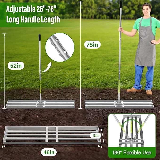 Lawn Leveling Rake,36x12 inch Heavy-Duty Galvanized Steel Landscape Rake with an Adjustable 78'' Extra Long Handle Lawn Leveling Tool for Yard,Backyard,Garden,Golf,Farm,Pasture