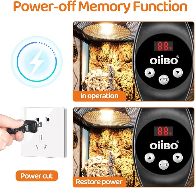 Oiibo Reptile Dimming Thermostat Heat Lamp Temperature Controller, Light Bulb Thermostat with Memory Function, Thermostat for Seed Germination & Heaters