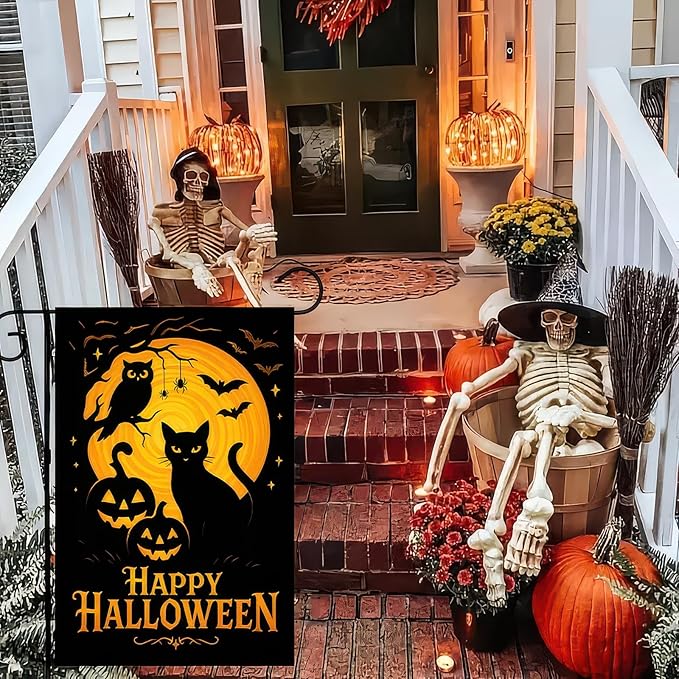 Halloween Garden Flag 12x18 Inch Black Cat Flag Pumpkin Owl Full Moon Double Sided Fall Flags Yard Banner for Outdoor Lawn Porch Garden Holiday Decor