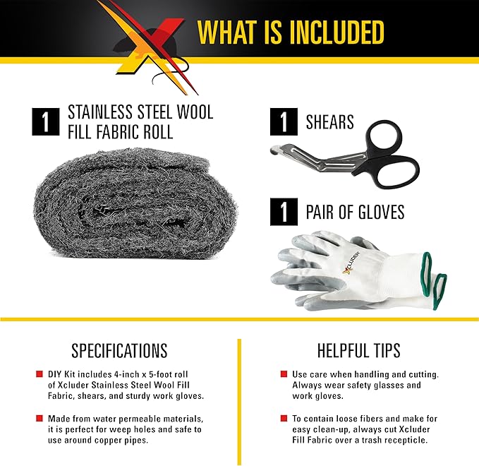 Xcluder Rodent Control Fill Fabric, Large DIY Kit, Stainless Steel Wool, Stops Rats and Mice