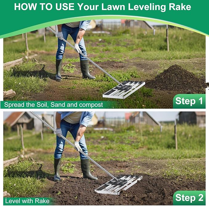 Lawn Leveling Rake 30 inch x 10 inch, Lawn Leveler Tool with 6.5ft Handle Rakes, 304Stainless Steel Yard Leveling Rake, Heavy Duty Soil Leveling Rakes for Backyard, Garden, Farm, Pasture