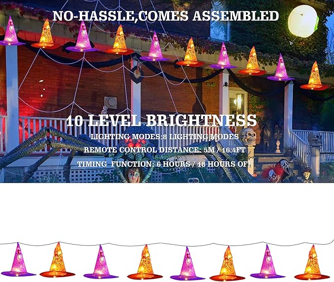 Dazzle Bright 8 Pcs Hanging Witch Hat String Lights, Light Up Waterproof Halloween Decorations with Remote Control for Outdoor Garden Party Carnival Supplies Decor
