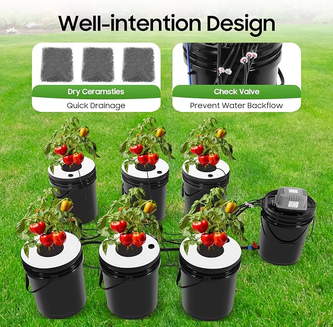 DWC Hydroponics Grow System, 6 Hydroponics Grow Bucket 20L DWC Recirculating Deep Water Culture 6 Air Stones for Indoor/Outdoor Leafy Vegetables
