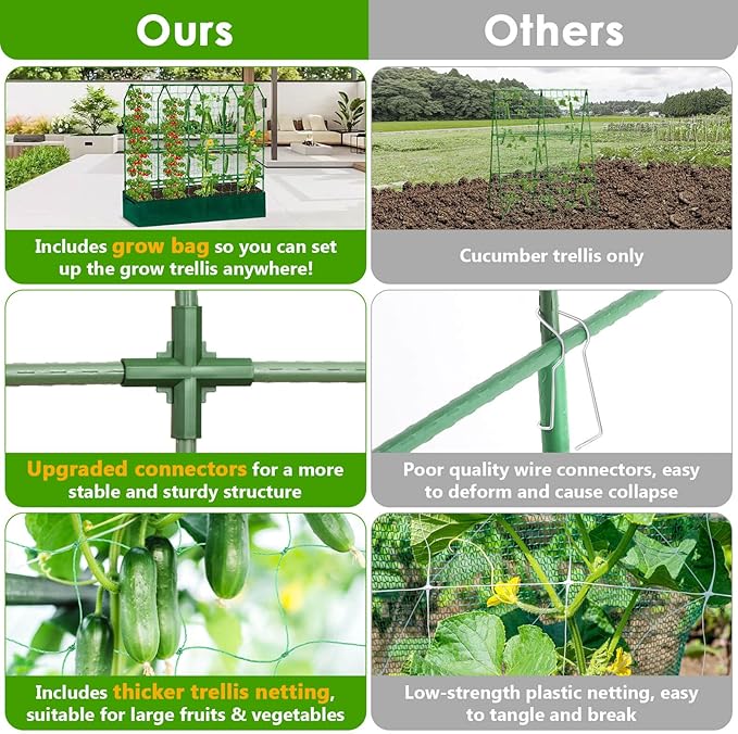 Large Cucumber Trellis for Climbing Plants with Grow Bag, 67"×65"×16.5" Metal Garden Trellis for Raised Bed with Garden Netting and Plant Clip Plant Ties for Vegetables, Squash, Pea, Grape, Tomato