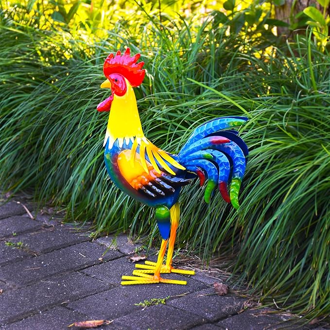 Metal Rooster Yard Art Outdoor Garden Decor Roosters Chicken Statue Decorations for Kitchen Home Lawn Patio, Multicolor