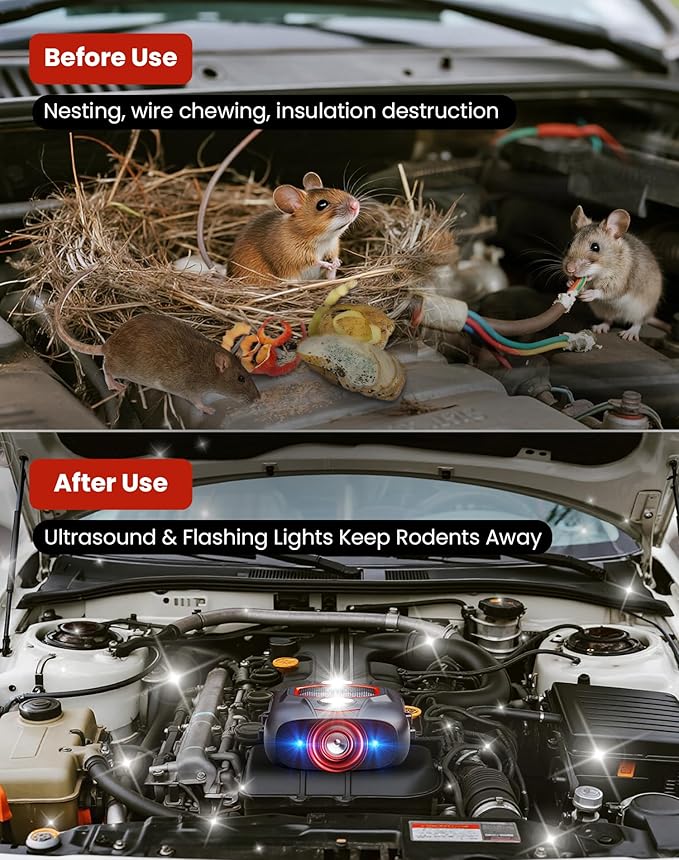 Ultrasonic Rodent Repellent for Car Engines, Under Hood Mouse Repellent with 4 LED Strobe Lights, USB Powered, Keep Rats, Mice and Squirrels Away from Vehicles, RVs, Garages, Attics (1, Black)