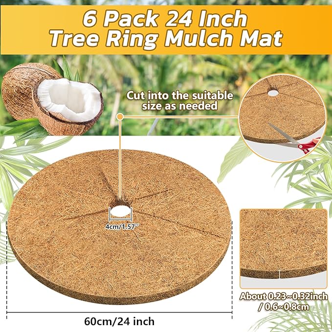Legigo 6pcs Coconut Fiber Mulch Ring Tree Plant Protector Mat, 24 Inch Natural Coco Coir Tree Protection Ring Plant Pot Soil Cover, Tree Rings Disc Plant Cover for Indoor Outdoor Plants,Landscaping