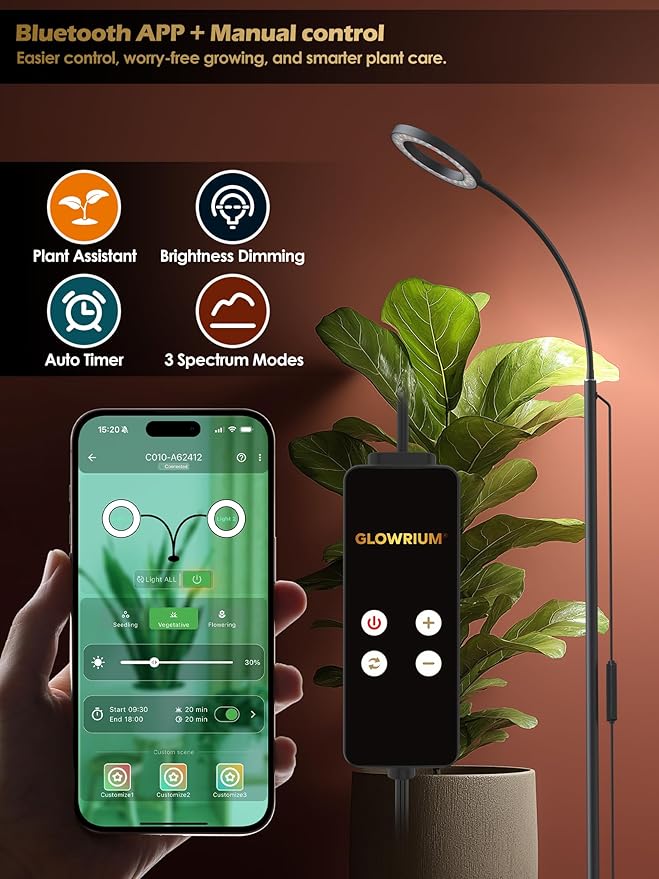 GLOWRIUM Smart Grow Lights for Indoor Plants with Auto Timer, Full Spectrum LED Floor Plant Light for 3 Spectrum Modes,6 Dimmable Levels,63inch Adjustable Height for Large Plants (Black, 20W)