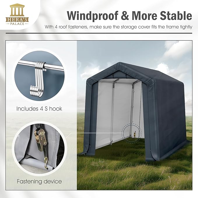 HERA'S PALACE 6x10ft Heavy Duty Storage Shed Outdoor Portable Car Canopy Carport Garage with 2 Rolled up Zipper Doors UV Resistant Waterproof Anti-Snow for Motorcycle Truck