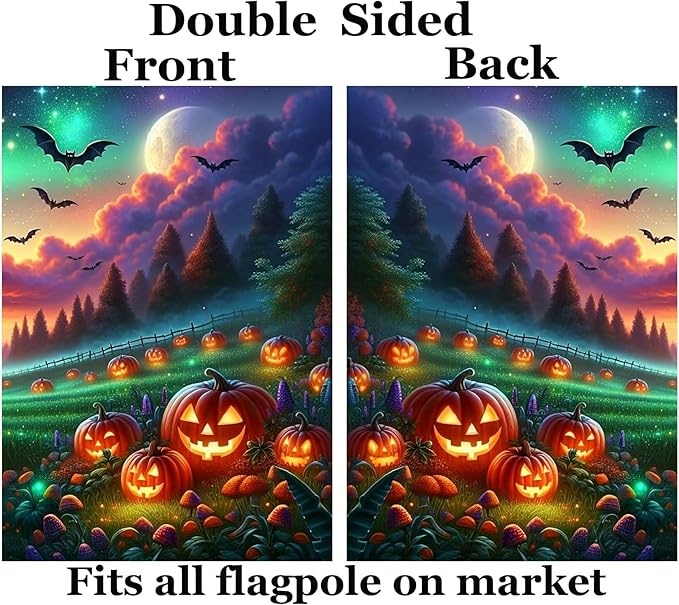 Fantasy Halloween Jack O Lantern Pumpkins Meadow Bats Full Moon House Flag 28" x 40" Double Sided Polyester Welcome Large Yard Garden Flag Banners for Patio Lawn Home Outdoor Decor