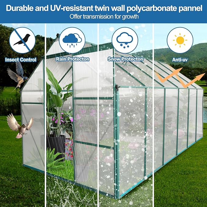 6x12 FT Greenhouse Outdoor Polycarbonate Hot House,Garden Plants Houses with Raised Base,Sliding Door and Adjustable Vent Roof for Patio,Easy to Install,Green
