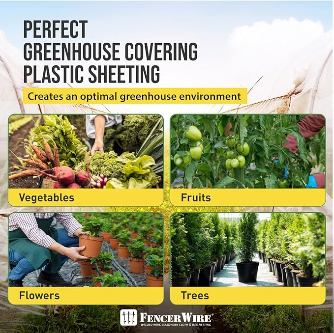 Fencer Wire 6 mil Clear Greenhouse Plastic Sheeting UV Resistant Polyethylene Greenhouse Film, Hoop House Cover for Horticulture, Gardening, Farming and Agriculture 90% Light Transmittance, 12’ x 28’