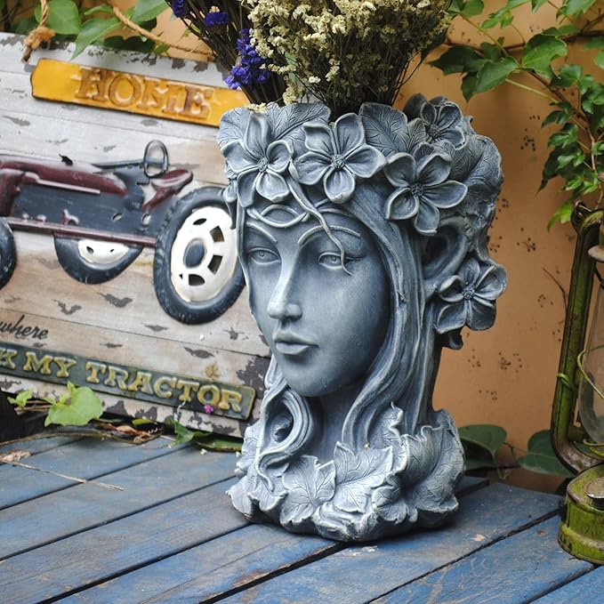 Sungmor Creative Goddess Head Planter Statue for Garden Ornaments | 9×9×14 Inch Premium Resin | Cool Face Large Diameter Flower Pot for Patio Lawn Garden Yard Decor