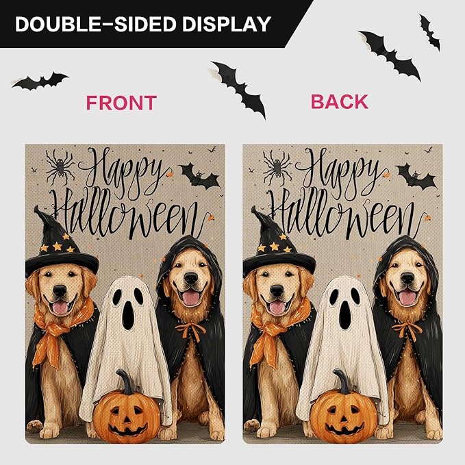 Happy Halloween Garden Flag Cute Puppy & Ghost Garden Flag Vertical Double Sided Rustic Farmland Burlap Yard Lawn Outdoor Decor 12.5x18"