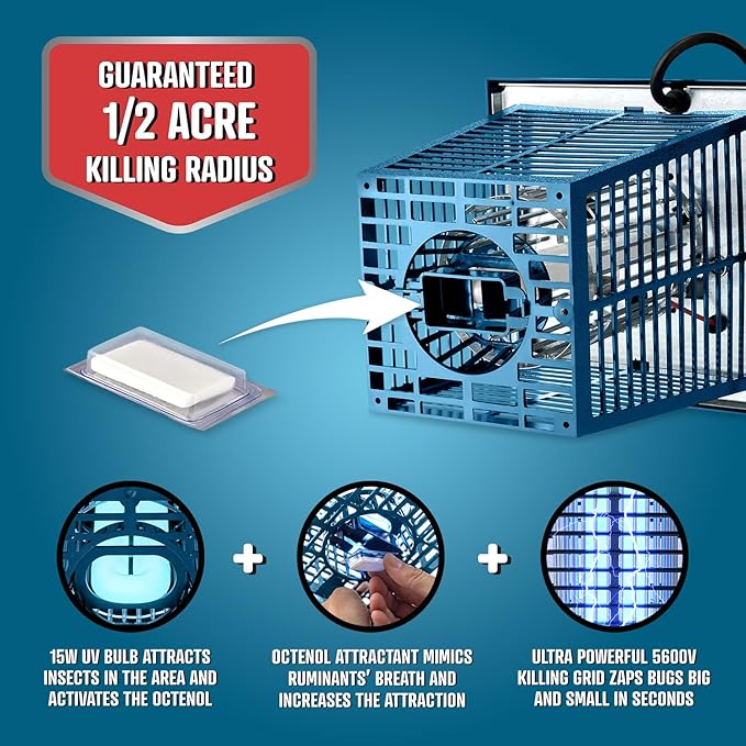 Flowtron Electric Bug Zapper 1/2 Acre Outdoor Insect Control with Dual Lure Method, 15W UV Light & Octenol Attractant for Fly & Mosquito, 5600V Kill Grid, Made in USA, UL Certified - Blue Color