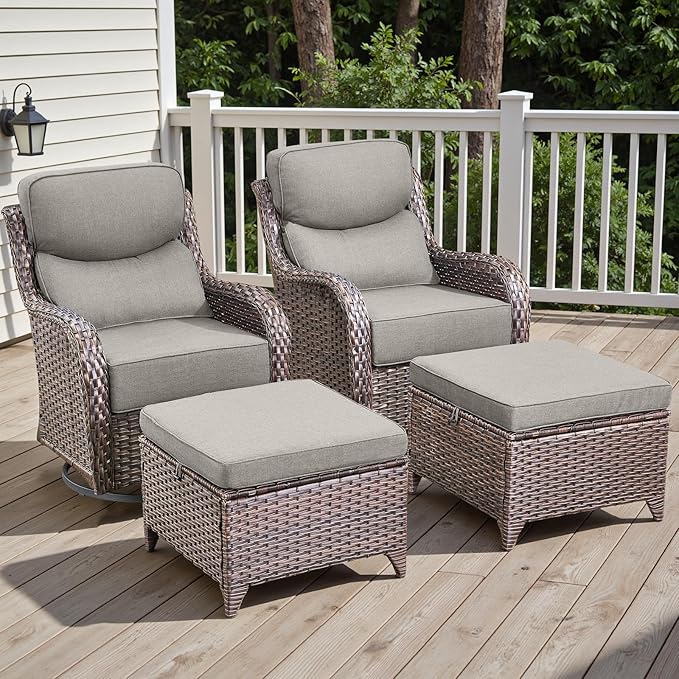 Wicker Outdoor Patio Furniture Set - 4 Piece Patio Conversation Set with Swivel Rocker Chairs and Ottomans, 6 inch Cushions, High Back, Deep Seating, for Porch Deck Garden Brown/Beige