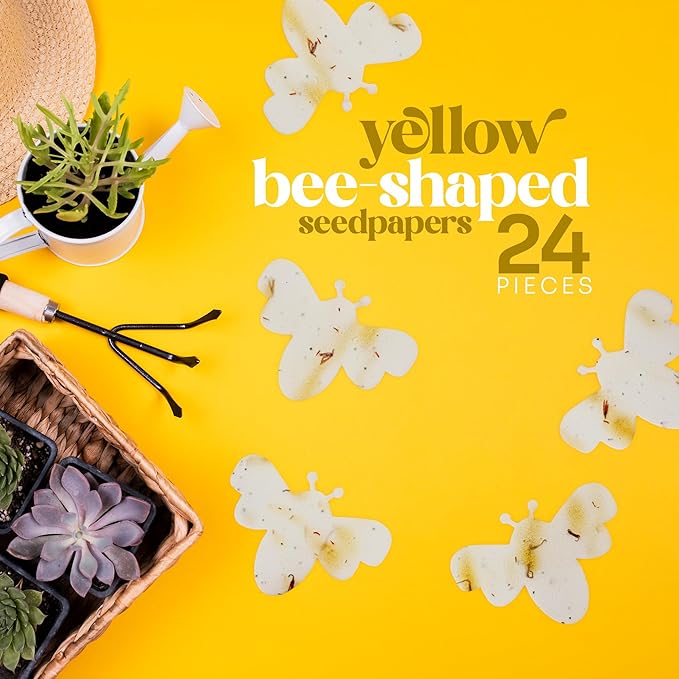 Set of 24 – Plantable Seed Paper Embedded with Wildflower Seeds for Bridal Shower, Wedding Gift, Birthday, & Other Milestone Celebrations (Yellow - Bee Set)