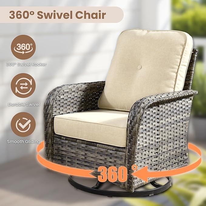 HOOOWOOO Outdoor Patio Furniture Set,6 Pieces Wicker Conversation Set,All Weather Couch Set with Swivel Chairs Ottoman Side Table 7 Seaters for Out Door Yard(Beige)