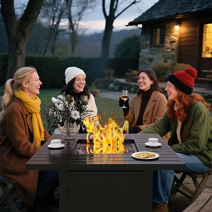 Royalcraft 2 in 1 Propane Fire Pit Table, 50000 BTU Gas Fire Pits Table with Removable Lid, Lava Rock and Cover, Square Fire Table for Dining or Party on Garden, Patio, Yard, 30", Black