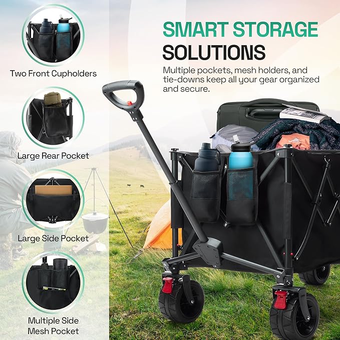 Foldable Beach Wagon Cart- Interchangeable All Terrain Wheels- 12" Beach Wheels Optional- Patent Pending- Gardening, Fishing, Shopping-Built-in Insulated Cooler Pouch, More Storage Pockets, Cupholders