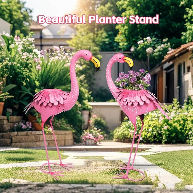 WONDER GARDEN Pink Flamingo Statue-Flamingo Planter Flower Pots - 2 Pack Flamingos Garden Statues Sculptures, Metal Birds Yard Art for Pond, Patio, Outdoor, Porch Decor