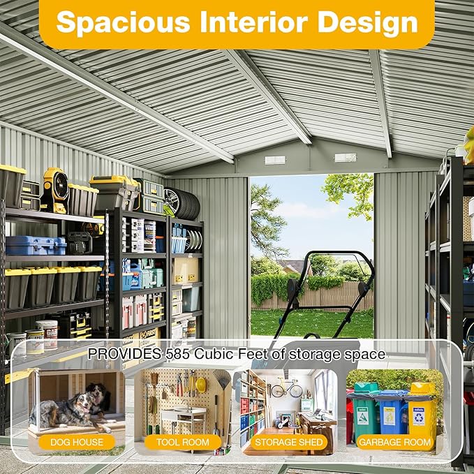 10x12 FT Outdoor Storage Shed with Base & Lockable Double Doors, Heavy-Duty Galvanized Steel Outdoor Metal Shed for Bike, Tool, Generator Storage in Backyard, Patio (10’x12’, Base)