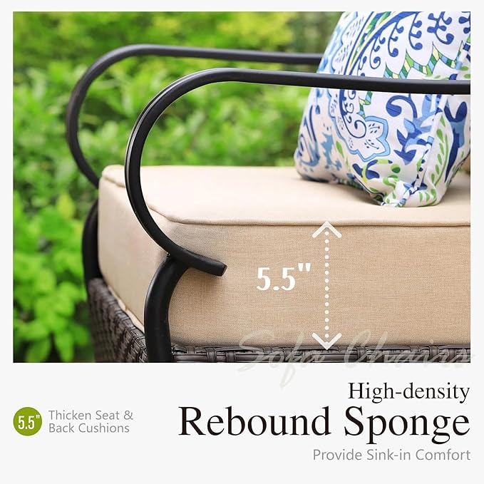 Sophia & William Metal Patio Furniture Set, 5 Seats Outdoor Conversation Set with 3-Seater Sofa, 2 Motion Chairs, 1 Coffee Table for Seating Lawn Porch Backyard,Beige