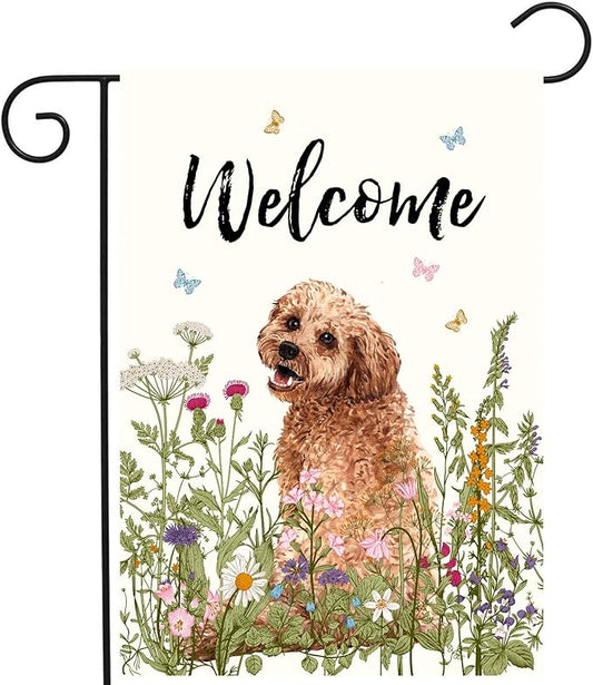Spring Summer Garden Flag Floral Golden Doodle Puppy Yard Flag Flower Dog Garden Flags for Outside Small Outdoor Welcome Flags 12x18 Double Sided