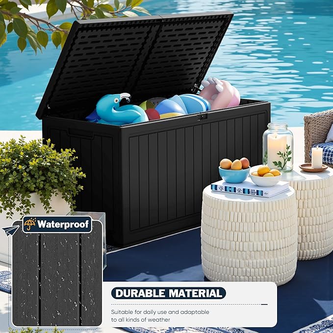 Greesum 260 Gallon HDPE Outdoor Storage Box - Waterproof, Large Capacity Deck Box with Removable Dividers for Patio, Yard, Garden Tools, Black