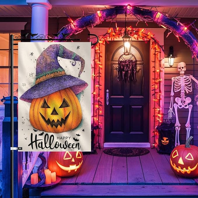 Happy Halloween Garden Flag 12x18 Inch – Pumpkin with Purple Hat, Double Sided Burlap Fall Yard Flag for Outside