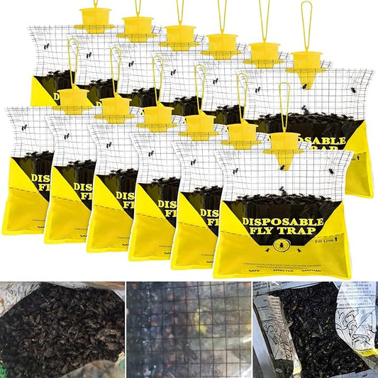 Glovv Fly Traps Outdoor Hanging with Bait, 12 Pack Disposable Flies Bags Hunter Ranch Trap, Control Bug Catcher Killer Repellent for Stable Horse Barn & Farm