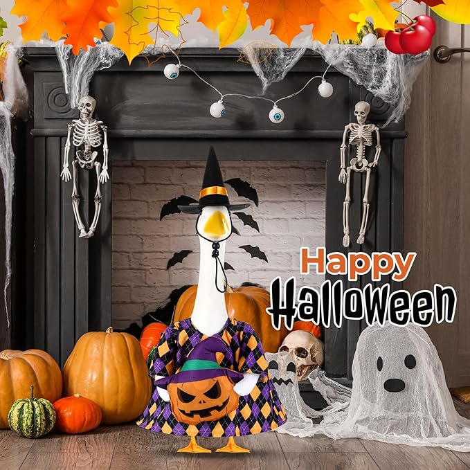 Sanwuta 1 Set Halloween Porch Goose Outfit Pumpkin Pillow Design with Witch Hat for 23" Lawn Cement Goose Porch Geese Clothes Costume for Halloween Garden Patio Yard Outdoor Decorations