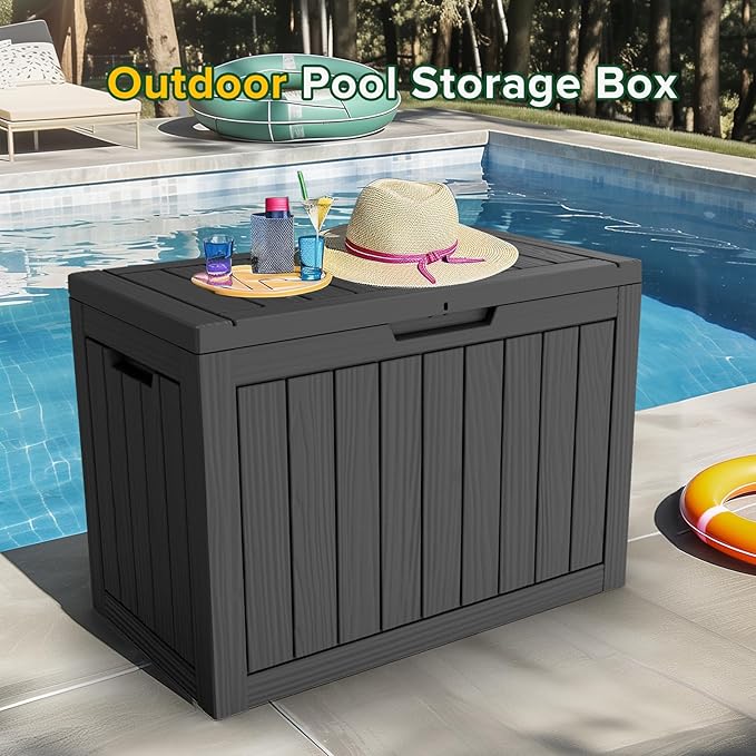 47 Gallon Outdoor Deck Box,Storage Lockable Waterproof Patio Furniture,Garden Tools,Cushions,Pool Accessories Outside Storage Resin Box(Black)