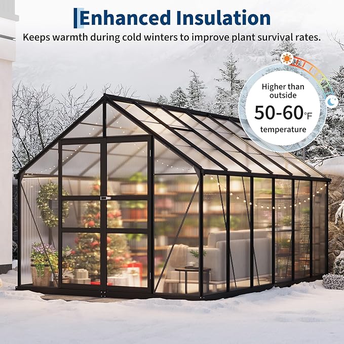 8x12 FT Greenhouse for Outdoors, Polycarbonate Greenhouse with Roof Vent, Ground Nails, Lockable Push Door, Aluminum Large Walk-in Green House for Outside Garden Backyard, Patio, Lawn