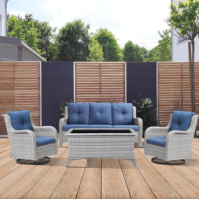 Patio Furniture 4 Piece, All-Weather PE Wicker Outdoor Furniture Set with Coffee Table,Outdoor Patio Furniture with Swivel Rocker Chairs and Outdoor Sofa